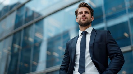 Fototapeta premium A confident businessman stands in front of a modern glass building, dressed in a stylish suit, exuding professionalism and determination.