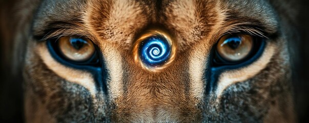 Lion's eyes reflecting a spiral galaxy, blending cosmic wonder with fierce determination