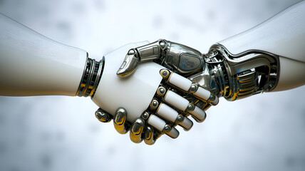 Naklejka premium Two robotic hands engage in a handshake.