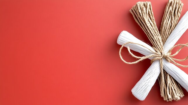 Red Background with White Paper and Jute Twine