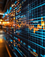 Obraz premium A hightech representation of financial data analysis, complete with detailed financial reports, business fundamentals, and advanced portfolio strategies