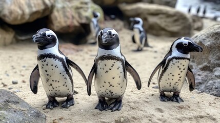Fototapeta premium Three Adorable Penguins on the Beach