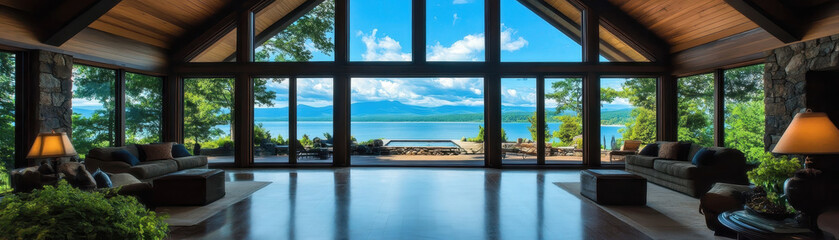 spacious living area with vaulted ceilings, large windows, and stunning lake views creates serene atmosphere