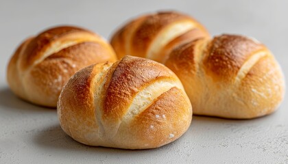 Four fresh baked bread rolls on a light grey background.