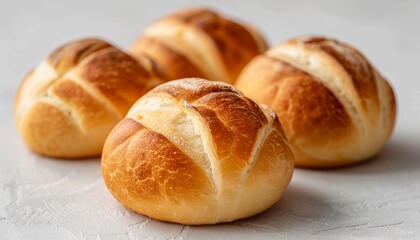 Four freshly baked bread rolls on a white background.