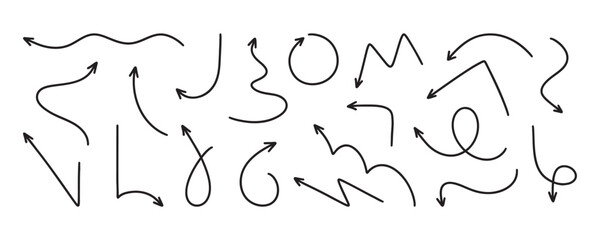 Doodle arrow elements. Hand drawn simple black arrows. Arrows to create stylish trendy design or decor, direction indication. Vector illustrations isolated on white background. Hand drawn arrows set