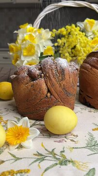 Easter cakes and eggs on the table.