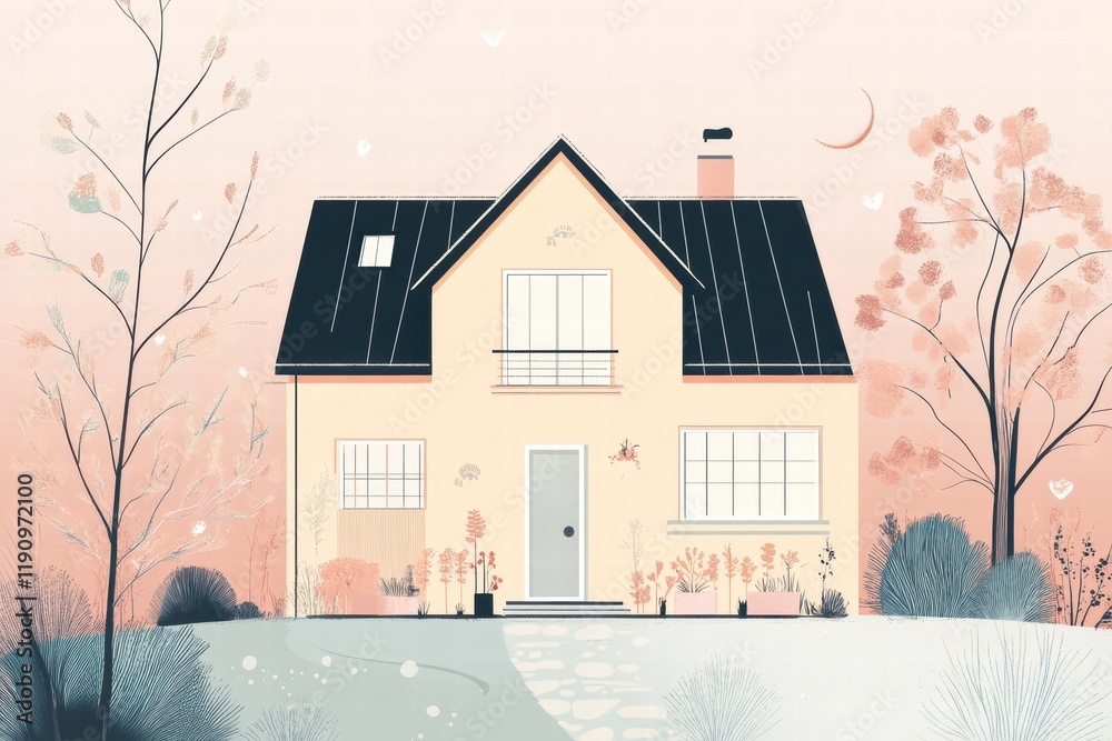 Poster charming silhouette of a house with a garden creating a cozy and inviting atmosphere during dusk. ge