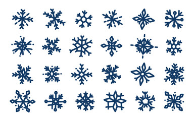 Blue snowflakes set, winter vector illustration. Simple hand drawn snow flakes. Winter atmosphere. Collection doodle snowflake icons, crystal ornament. Design element for new year, christmas cards.
