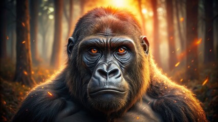 Obraz premium Powerful Gorilla with Glowing Eyes in Dark Forest - Mysterious Stock Photo