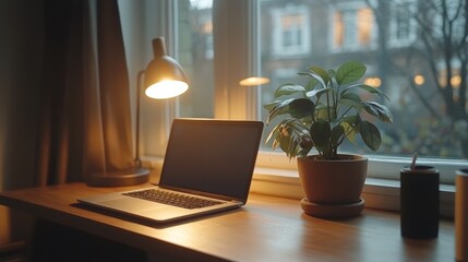 Fototapeta premium Cozy home workspace with plants and laptop on a white table