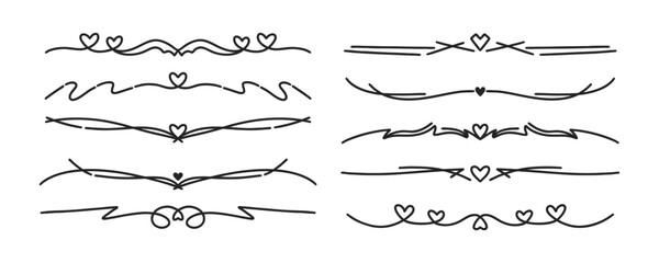 Obraz premium Line love separators set. Fancy dividers with hearts. Flourishes elegant decorative dividers, hand drawn line ornaments. Vintage vector border lines. Doodle linear separators set for Valentine's Day