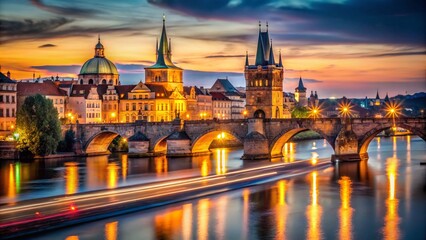 Obraz premium Prague Charles Bridge Night Long Exposure, Cityscape Lights Trails, Vltava River, Czech Republic