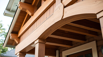 Fototapeta premium Craftsman Bungalow Exterior: Exquisite Wooden Arch and Porch Detail. High-quality design and construction, showcasing the beauty of natural wood. Ideal for real estate and home improvement.