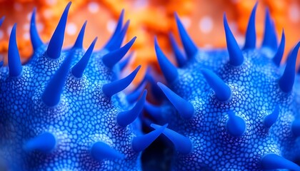 Macro image of blue and orange spines of crown-of-thorns starfish vibrant contrast