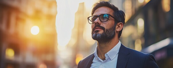 Confident businessman looking up in a modern city at sunset