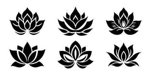 Lotus flower logo. Lotus silhouette. Set of black lotus logo. Vector illustrations isolated on white background. Can be used as icon, sign or symbol - for yoga and meditation, for spa salon.