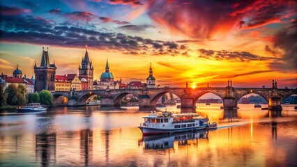 Naklejka premium Prague Sunset: Boats & Charles Bridge Double Exposure