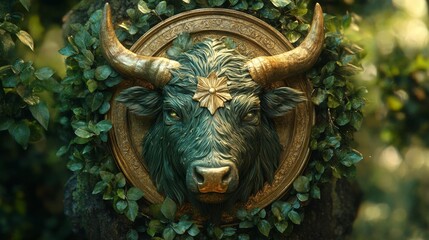 Obraz premium Green and Gold Taurus Emblem with Nature Background. Generative AI