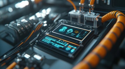 Close up of futuristic electric car battery with glowing digital display showing charging status, battery level, and other technical information, highlighting advanced automotive technology