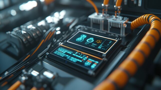 Close up of futuristic electric car battery with glowing digital display showing charging status, battery level, and other technical information, highlighting advanced automotive technology