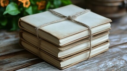 Vintage leather-bound notebooks stacked on a rustic wooden table with twine tied around them