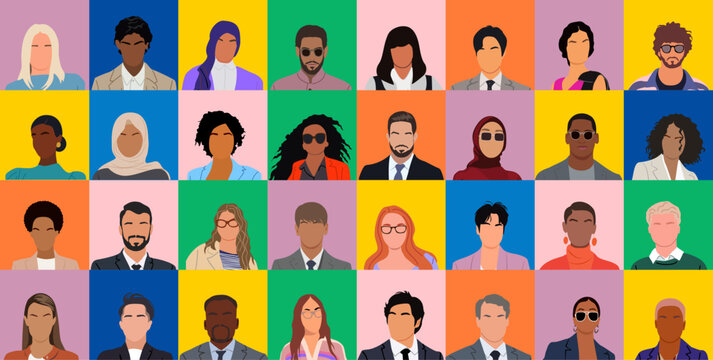 Set of multiethnic multiracial men and women avatars for social media networks. Diverse cartoon character vector illustrations isolated on colorful background. Head portraits, Modern profile pictures.