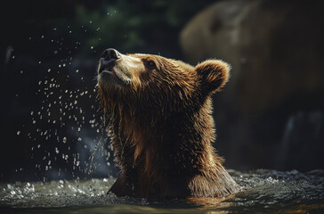 Obraz premium A brown bear stands in the water, droplets cascading around its face as it raises its head. The serene environment highlights the bear's majestic presence in the wild.