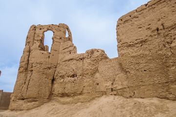 Walls and towers of the Sizan castle (Kheshti is another name), Nushabad, Iran. Fortress was built during the Seljuk period. Towers still have brick ornaments typical of that epoch
