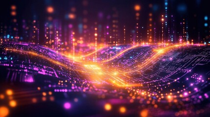 Abstract Futuristic Cityscape at Night with Vibrant Neon Lights and Glowing Particles