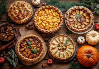 A Beautiful Array of Deliciously Baked Pies Decorated with Seasonal Fruits and Nuts on a Rustic Wooden Table Surrounded by Autumn Decoratives