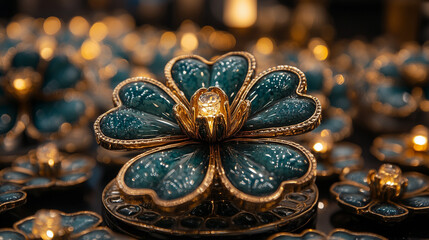 Fototapeta premium Elegant decorative flower with turquoise petals and golden edges on a shiny background