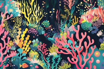 Colorful underwater scene featuring vibrant coral reefs and marine life.