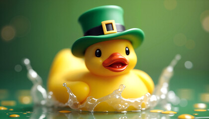 Rubber Duck in Leprechaun Hat Splashes in Water, St. Patrick's Day Theme