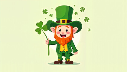 Cheerful leprechaun character in a green outfit holding a shamrock on a light background