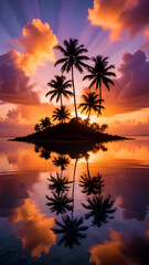 Golden Tropical Sunset over Island Silhouette with Perfect Mirror Reflection in Calm Sea