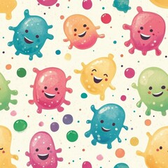 Fototapeta premium Smiling cartoon microbes create a cheerful design with bright colors and playful expressions on a light background. Generative AI