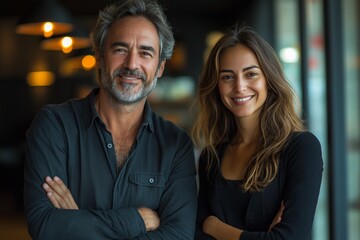 Fototapeta premium Middle-aged man and woman, portrait of lovers, happy faces of husband and wife .