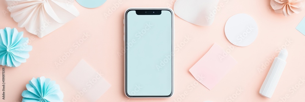 Poster stylized smartphone surrounded by colorful paper decorations on a light pink background. generative 