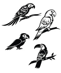 Obraz premium Four stylized black and white silhouettes of tropical birds, likely parrots and a toucan