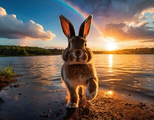 rabbit on sunset background