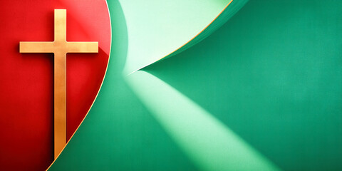 Christian Cross religious background gold red green geometric, copy space for church announcement, Bible verse, prayer notice, Jesus ministry outreach evangelism Easter message