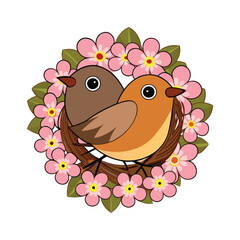 Two robins perched in a cozy nest, surrounded by blooming cherry blossoms. The delicate flowers and tender birds evoke warmth, renewal, and the beauty of nature.