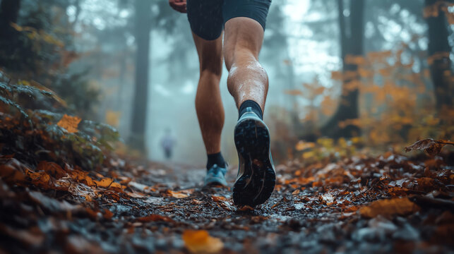 runner navigating misty trail surrounded by autumn leaves
