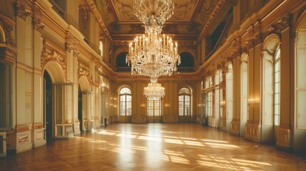 Elegant ballroom with ornate chandeliers and sunlight streaming through large windows.