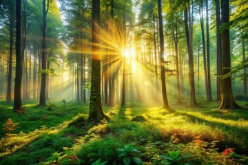 Obraz premium Sunbeams pierce misty morning; bokeh-drenched sunrise paints a magical forest.