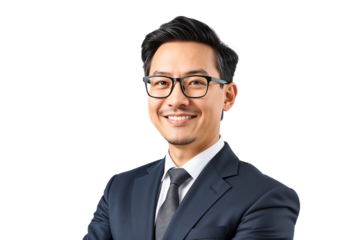 Portrait of a professional businessman in suit wearing glasses, isolated on transparent background
