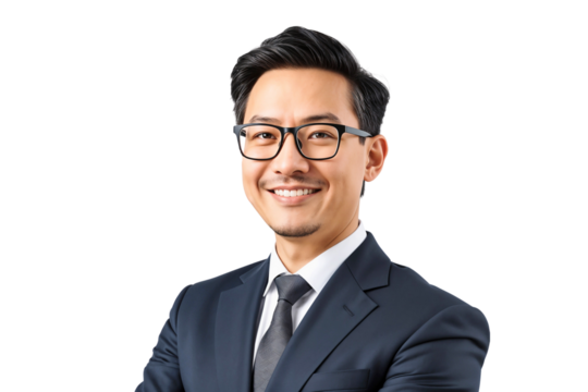 Portrait of a professional businessman in suit wearing glasses, isolated on transparent background