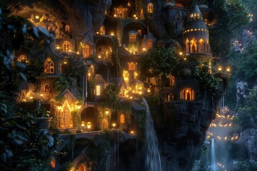 Enchanted village nestled in a lush landscape, illuminated by warm lights and surrounded by nature.