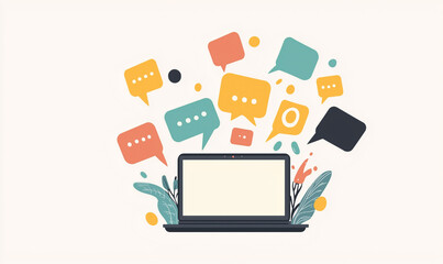 A laptop surrounded by colorful speech bubbles symbolizes communication and digital interaction.